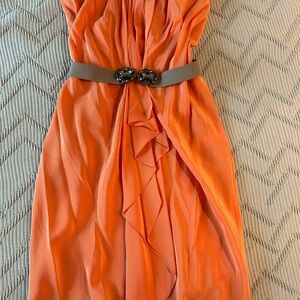 BCBGMaxAzria Orange Ruffled Midi Dress with Jewel-Embellished Belt